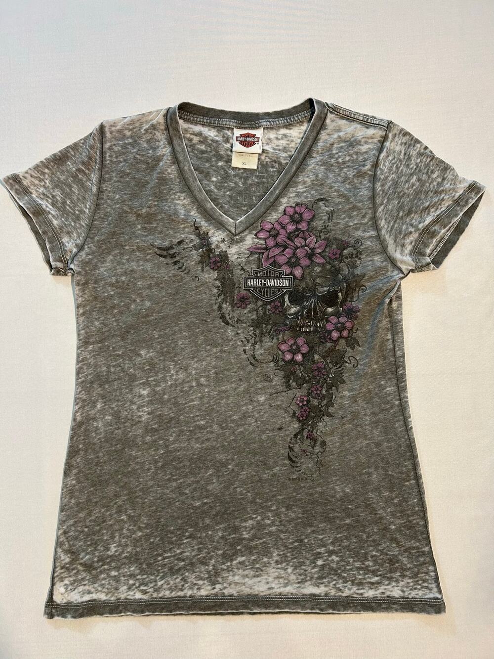Harley Davidson Women's V-Neck T-Shirt Skull Flowers Grey XL